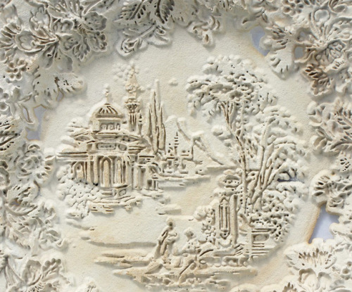 itscolossal:Repurposed Antique Dishware Sandblasted Into Bas-Relief Sculptures by Caroline Slotte