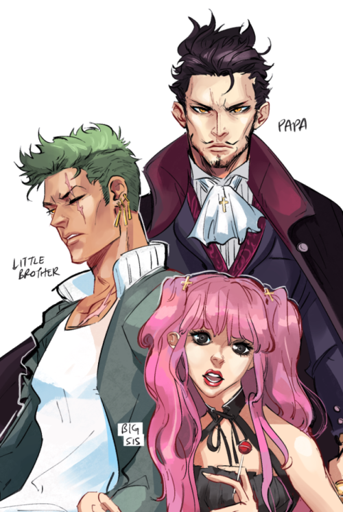 ironfries: more self indulgent modern au mihawk and his two cotton candy haired kids 