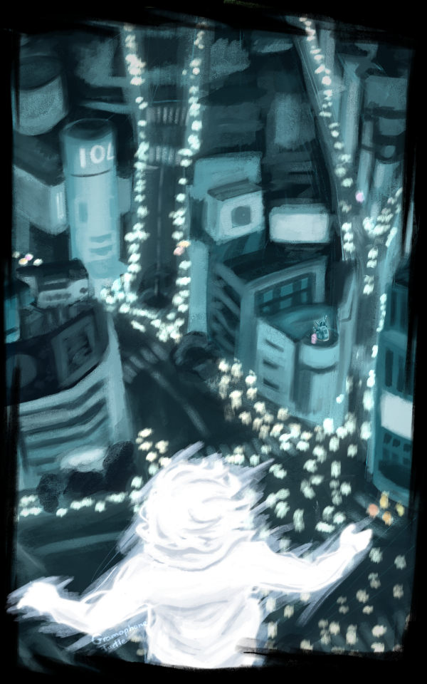 Mobile Phone resolution of Joshua in his Composer form floating above the Scramble Crossing, looking out to 104 with the peoples Souls glowing. Sho Minamimoto stands on top of a building watching him back.