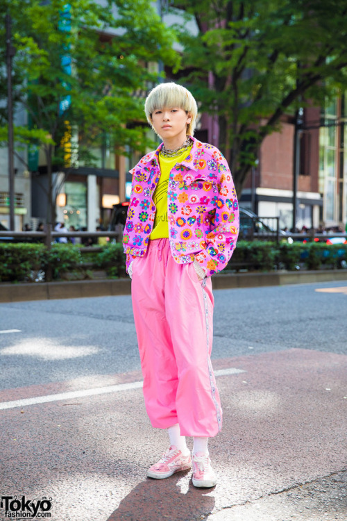 19-year-old Japanese student Kanade on the street in Harajuku. He’s wearing a pink floral jack