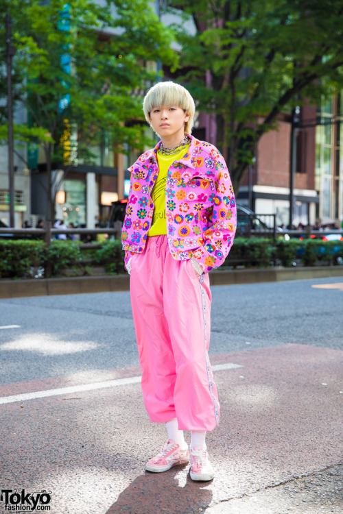 tokyo-fashion:  19-year-old Japanese student Kanade on the street in Harajuku. He’s wearing a pink floral jacket by Kobinai over a DODODO t-shirt, pink vintage pants, and pink Vans sneakers. Full Look