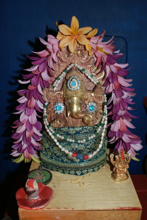 Sri Perumal at Vamana Dvadasi, with Saraswati and ganesha, my household shrine.