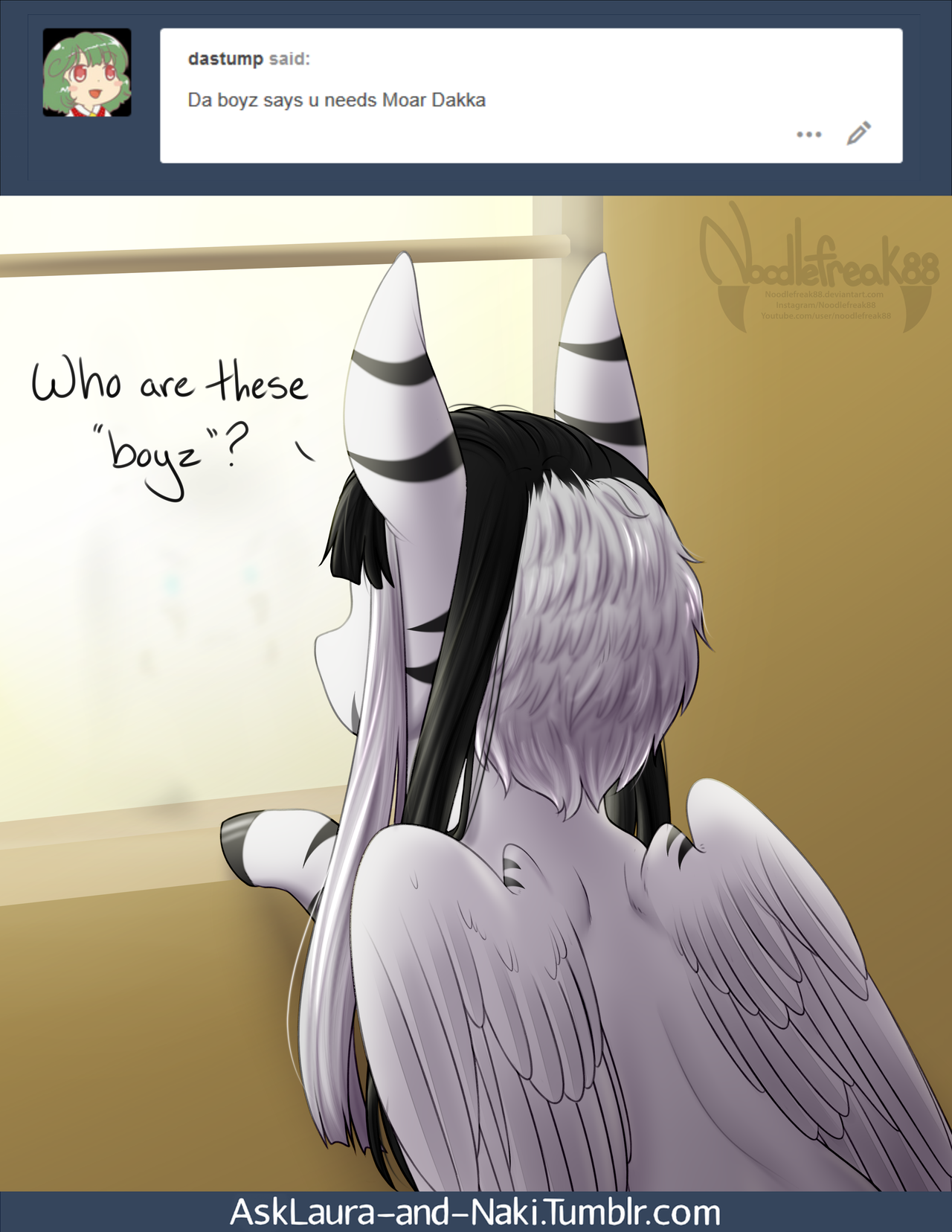 asklaura-and-naki:Laura doesn’t even Warhammer X3
