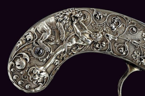 Silver handled percussion pepperbox pistol crafted by Filippo Pantaro of Torino, Italy, mid 19th cen