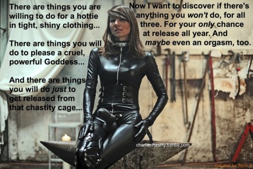There are thing you are willing to do for a hottie in tight, shiny clothing…There are things you will do to please a cruel, powerful Goddess…And there are things you will do just to get released from that chastity cage…Now I want