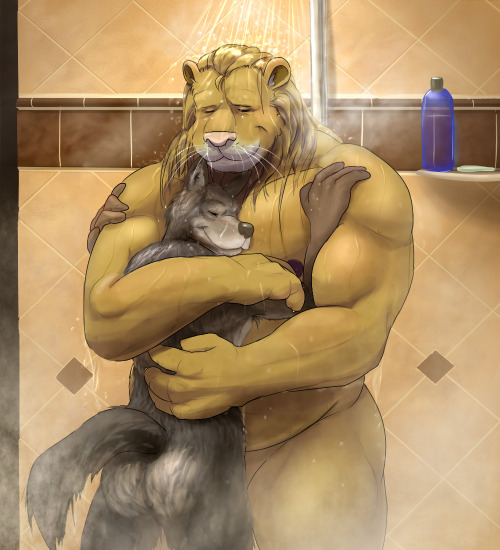 the-bogosphere:A lion and coyote couple spend an intimate 3 a.m. shower in each others’  arms. The little guy has to stand on his tiptoes to nestle into his  favorite spot, but it’s more than worth it to him.