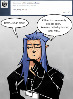 askthelunadiviner:  I may not be pleased with Demyx’s presence, but at least he isn’t threatening the other members with grievous bodily harm on the regular.