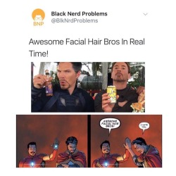 blacknerdproblems:  The GOATees 🐐#badpuns #marvelcomics #doctorstrange #ironman #robertdowneyjr #benedictcumberbatch #facialhairbros #tonystark #blacknerdproblems