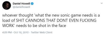 Tweet from @AmazingPhil, sent on 18 October 2010 at 10:07 PM BST that says: "Just died 16 times trying to get across the playing cards on Sonic 4. YAY LEVEL 2 x__x"