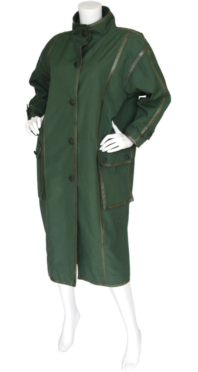 Courreges 1980s Green Cotton &amp; Leather Trim Oversized CoatAvailable on Featherstone Vintage