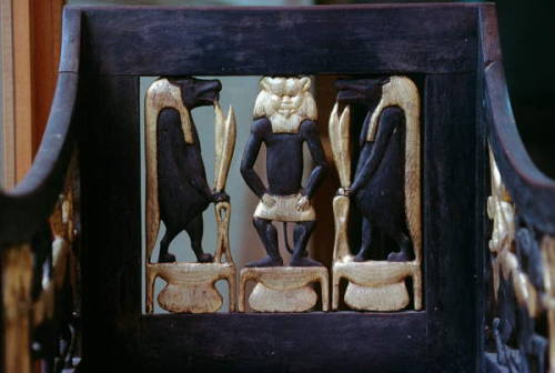 Wooden Openwork ChairDetail of a lion footed chair with figures of Bes (protector of households) and