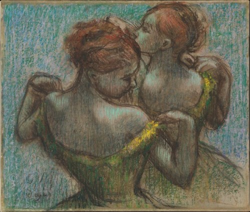 Two Dancers, Half-length, Edgar Degas, European PaintingsThe Lesley and Emma Sheafer Collection, Bequest of Emma A. Sheafer, 1973Size: 18 3/8 x 21 5/8 in. (46.7 x 54.9 cm)Medium: Pastel and charcoal on tracing paper with a joined strip, laid down on cardboardhttps://www.metmuseum.org/art/collection/search/436167 #europeanart#metmuseum#themet#edgardegas