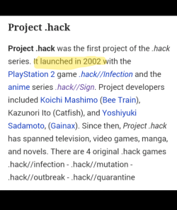 kiokohiroshi:  For those youngsters who keep telling me Sword Art Online (SAO) came out before .hack// and is the original.  .hack// DID come out before SAO, and SAO IS NOT an original concept, please stop.  Whether or not you prefer one over the other