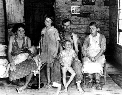  Sharecropper Bud Fields and his family during the Great Depression. Hale County, Alabama. Image taken by Walker Evans. 1936 