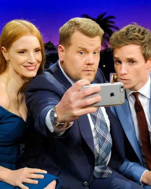 addictedtoeddie: Eddie Redmayne and Jessica Chastain in the studio of The Late Late Show with James 