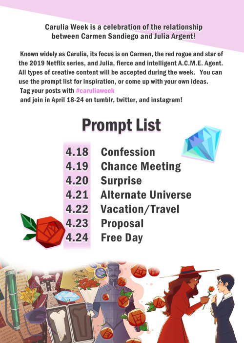 caruliaweek:Prompt List Reminder!Carulia Week begins on Sunday. Get your creative juices flowing and