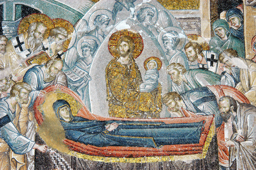 romebyzantium: Mosaic of Koimesis. Death scene of Mary, Chora Church-Museum,Istanbul. (Photo Credit: