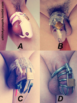 ukkinkycouple:  Above are the four chastity devices we own. We are getting a lot of questions about them, So here are our thoughts! A/ Pink Birdlocked Chastity Device We didn’t like this at all.  It was way to big for him. B/ CB6000s with KSD-G3 Super