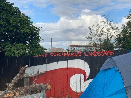 &ldquo;Protect Ihumātao&rdquo; mural in Aotearoa (New Zealand). Ihumātao is an area of farmland on 