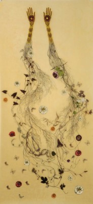 2headedsnake:  Valerie Hammond &lsquo;Fleur Rouge&rsquo;, 2009 pigment, color pencil, graphite, wax, glass beads, thread on paper 