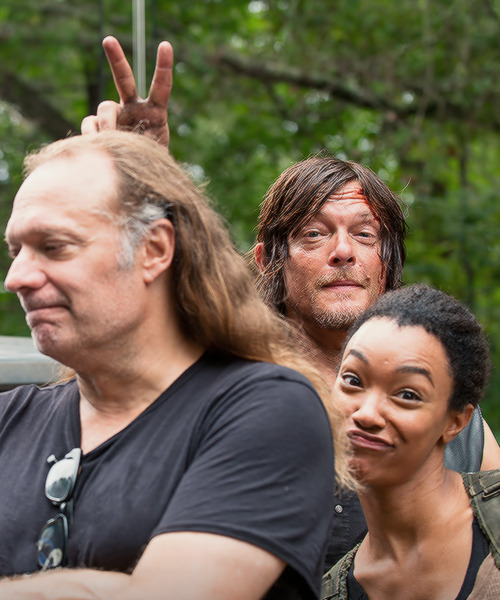 reedusnorman:  Greg Nicotero, Norman Reedus, and Sonequa Martin-Green on the set of The Walking Dead 