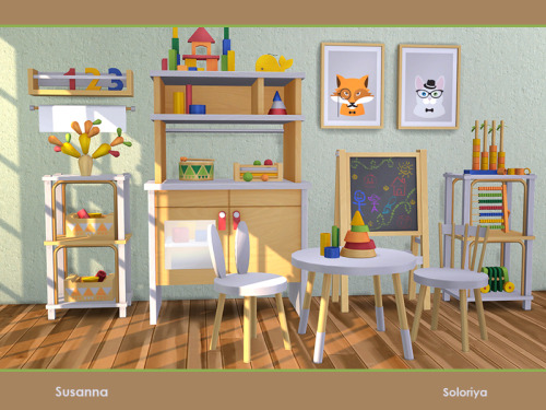 soloriya: ***Susanna*** Sims 4. Includes 10 objects, has 4 color variations. Items in the set: two s