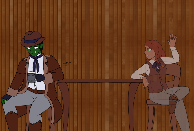 Digital drawing of two women sitting at a table across from each other. The one on the left is an orc with green skin, a brown duster coat, and a cowboy hat, sitting with her back to the table, looking away with a drink in one hand and a serious, sad expression. The one on the left is a human with pale skin and long red-brown hair, wearing a brown vest and deputy badge, leaning back against the table and facing the orc, smiling and waving at her. The human woman is also translucent.