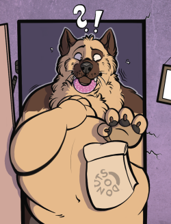 theshiriko:  So, I have a couple pictures of me, figured I’d upload one of my favorite. Here we have a fatty dog, who ate just one too many donuts, and is having issues fitting through the door! Wish I remember the artist that drew this :X