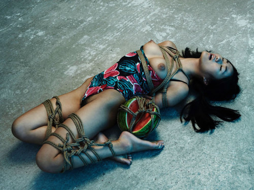 alltieduptonight:Beautiful lady and lovely ropework…but I can’t get over the watermelon bondage. Watermelon. Bondage.