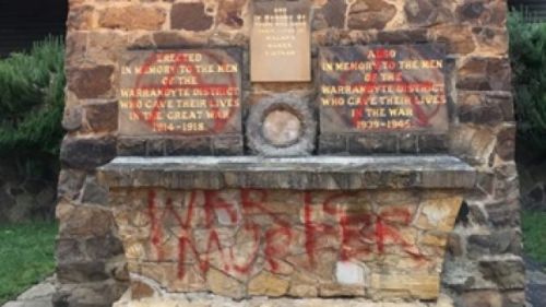  Warrandyte war memorial vandalised with anarchist symbols on eve of Anzac Day A war memorial in War