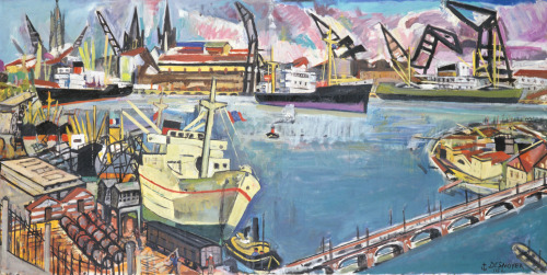 Le Port de Bordeaux = The Port of BordeauxFrançois Desnoyer (French; 1894–1972)1952Oil on canvas Mus