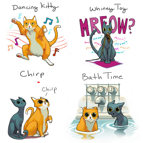 lizzyjohn:  I made these as a present for my sister: Hijinks from the cats we adopted years ago. Some of them are a little in-jokey but I bet any cat owner has seen at least a few of these! Happy holidays! 