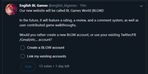 englishblgames:  Poll time! We’re still debating on the design of the new website, which will be called BL Games World!If you happen to own a Twitter account, feel free to answer it here. Answers are anonymous, just tick whichever answer you prefer