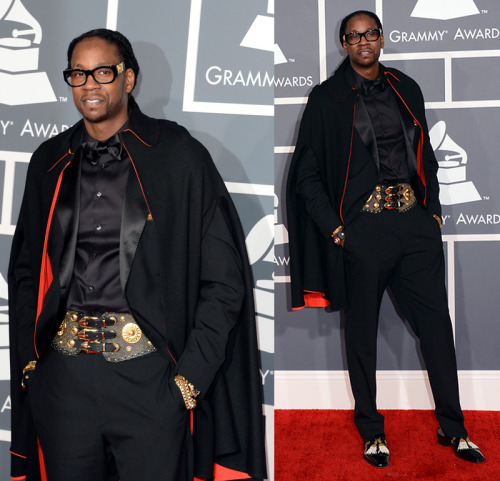 slay-z:  aiight, let’s do a side-by-side comparison we got 2 Chainz lookin like smooth ass vampire in Brooklyn with the classic-ass black-red-gold combo, gold hitting in all the right accent spots (glasses, belt, wristwear, and shoes), red flashy, but