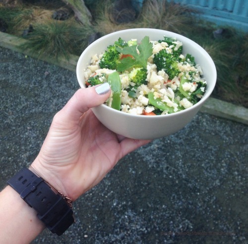 paleo-experiment: Paleo Fried “Rice.”  Cauliflower, Broccoli, Carrots, Snow Peas, Jalape