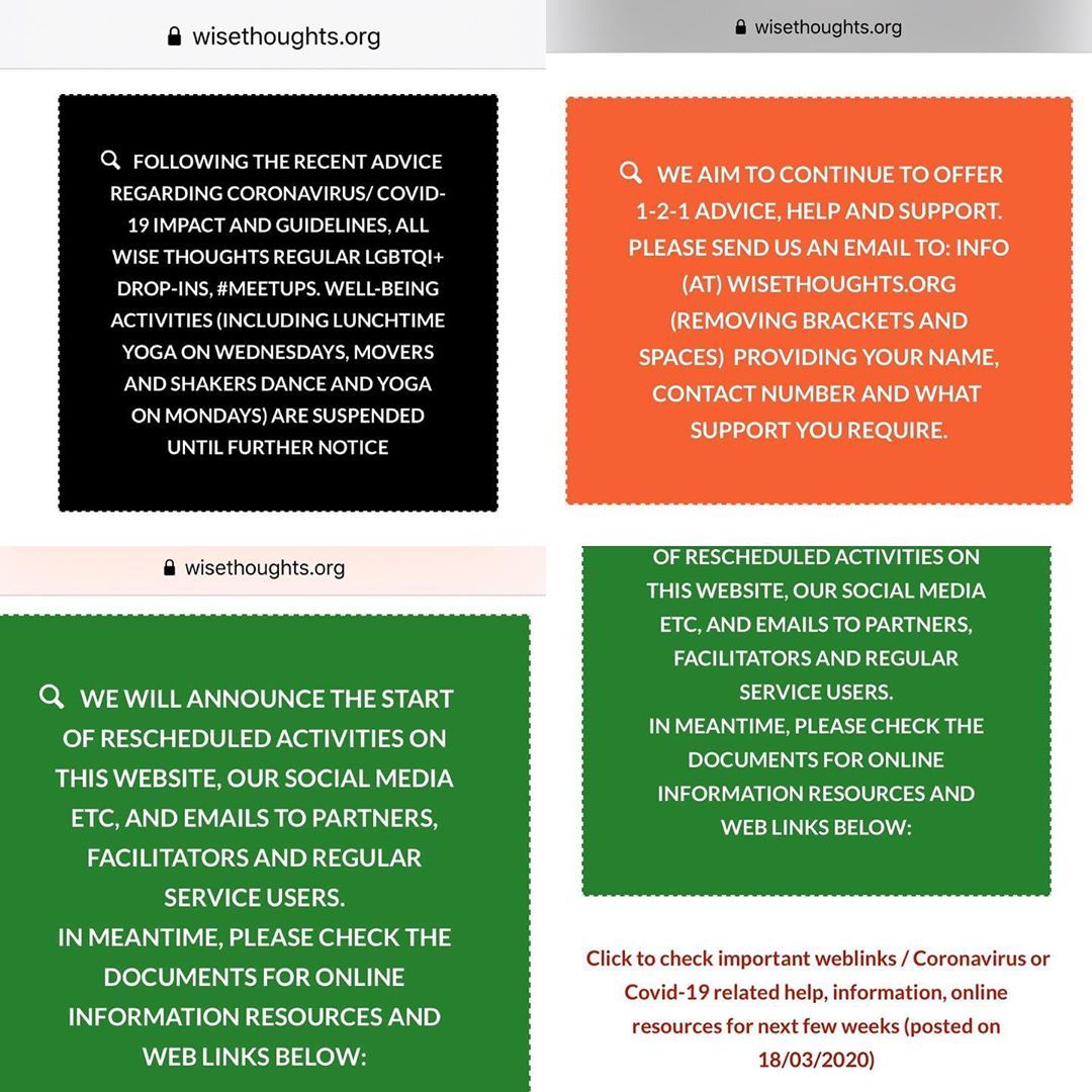 FOLLOWING THE RECENT ADVICE REGARDING #CORONAVIRUS/ #COVID-19 IMPACT AND GUIDELINES, ALL WISE THOUGHTS REGULAR #LGBTQI+ DROP-INS, #MEETUPS. WELL-BEING ACTIVITIES (INCLUDING LUNCHTIME YOGA ON WEDNESDAYS, MOVERS AND SHAKERS DANCE AND YOGA ON MONDAYS)...