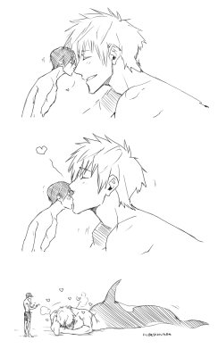 hubedihubbe:  Makoto is both flustered and embarrassed and probably doesn’t know Haru got pretty soaked by that peck but Haru assures him he’s fine anywaySorry this is very quick but ??? babies!