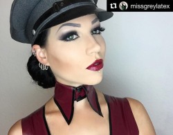 latexfashiontv:  #Repost @missgreylatex ・・・ Details 👩🏻‍✈️ #latex #collar #military #latexcollar #redlatex #darkred #missgreylatex #militarydress #latexmilitary #strict #uniform #latexuniform