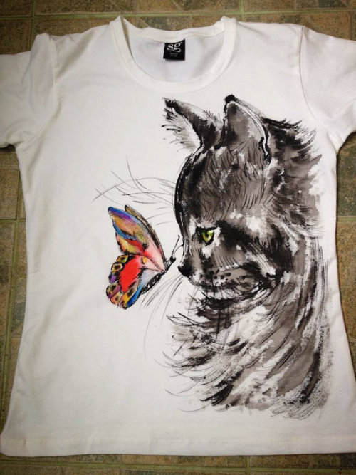 Handpainted Cat and Butterfly Tshirt - $59.00