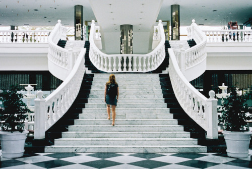 Siri walking the stairs at Hotel Cleopatra, Tenerife Summer 2017 Konica S3 35 mm Kodak portra