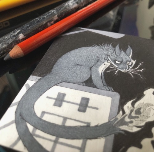 Fixing up my Nekomata ACEO. He and a few more new cards will be coming with me to Tate’s Free Comic 