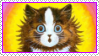 a stamp of a louis wain painting of a cat looking surprised with a yellow and pink gradient background