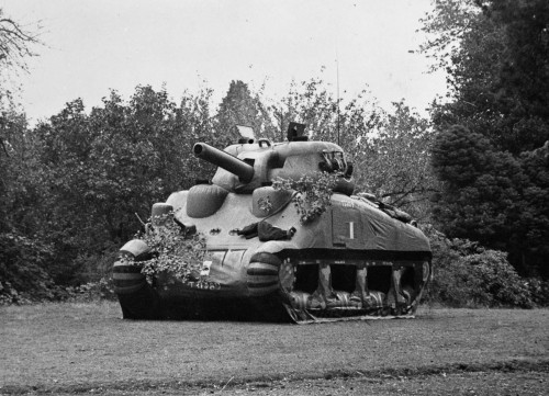 An inflatableSherman tank during WW2.This was one ofmany dummy tanks made for Operation Fortitude, a