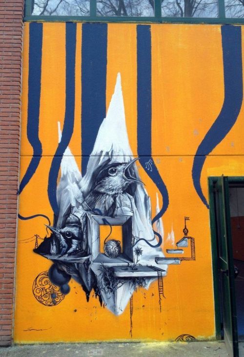 crossconnectmag:  Street art by Kraser  Spanish street artist, Kraser Tres, dresses our walls with bizarre tales, using a post-surrealistic language which can talk to everyone. Coming from Cartagena, his art tells absorbing stories. He distorts childish