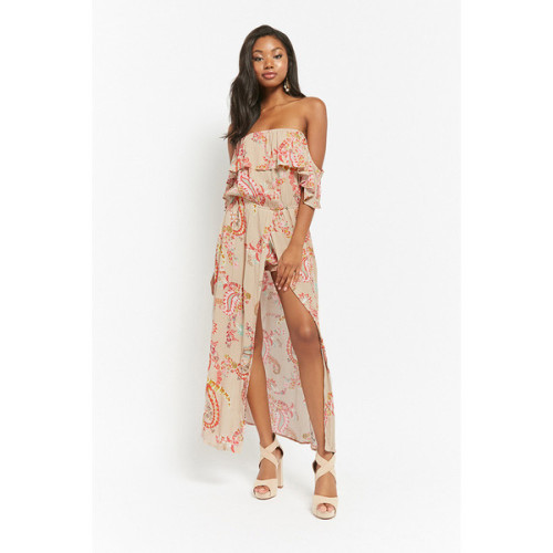 Forever 21 Paisley Off-the-Shoulder Maxi Skort Romper Taupe ❤ liked on Polyvore (see more white shor