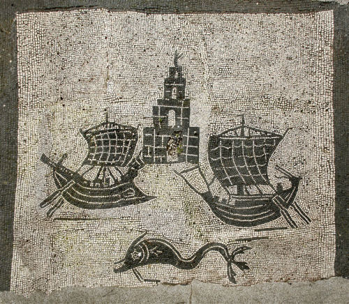 Lighthouse, two ships and a dolphin. Mosaic from Ostia Antica: Regio II - Insula VII - Piazzale dell