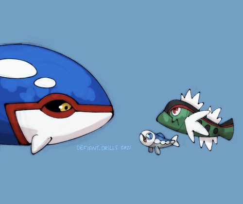 Fish friends!!! Edit: yes wishiwashi schooling is bigger than regular kyogre (if you’re wonder