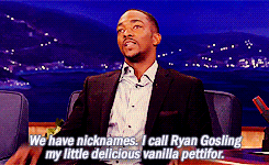 zoearcher:  josephinabiden:  ornamentedembellished:   Ryan Gosling is a little pretty white cake, well-dressed, with a little flower on it. [x]  Aaaand suddenly I am shipping this.  God Anthony Mackie is handsome.  My husband said that if they ever decide