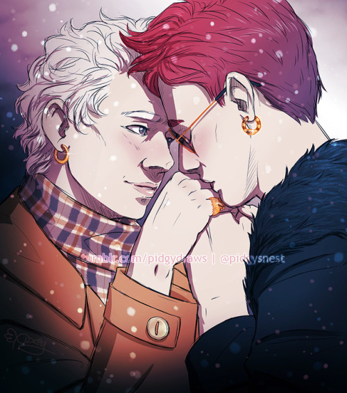 pidgydraws:mixing two sketch requests - both ANON - “I’d love to see Crowley kissing Aziraphale’s ha