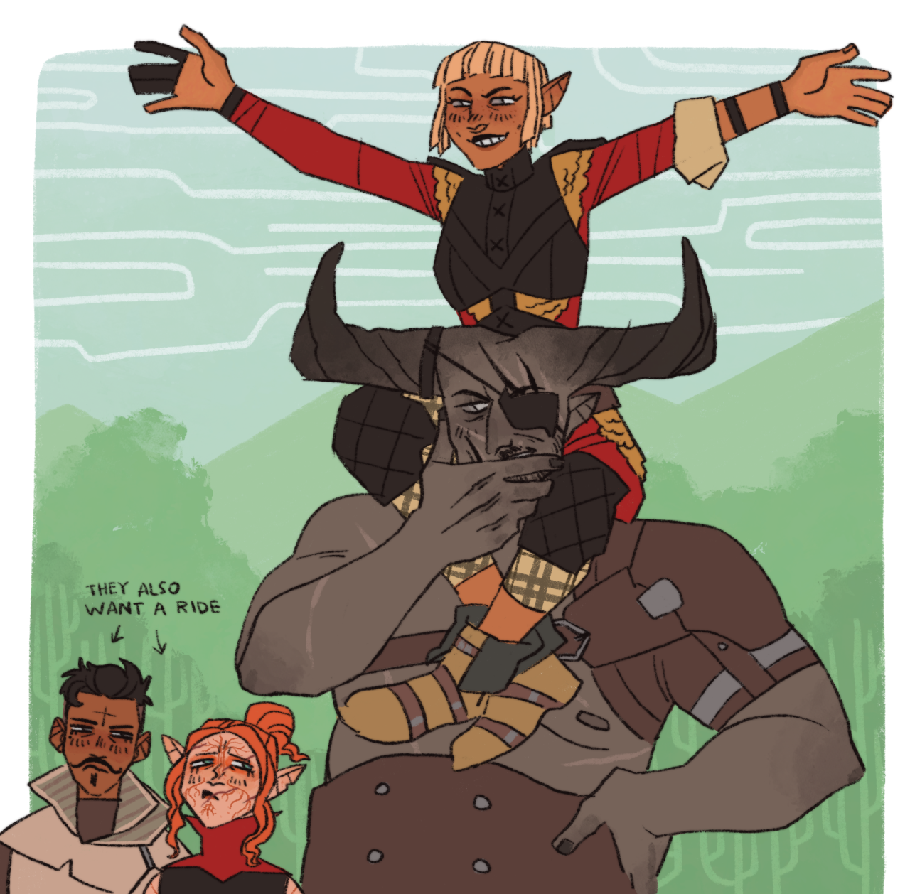 i like them your honori also love listening to sera and bull. also sorry for bringing both of you to a magical temple with three magical assholes #my art#dragon age#dai #dragon age inquisition #sera#iron bull#dorian pavus#morrigan#solas#lavellan
